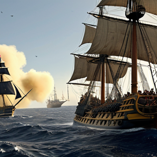 **

A majestic tall ship of the Royal Navy from the Age of Sail, battling a French vessel during the Battle of Trafalgar. Admiral Nelson stands heroically on the quarterdeck, giving orders amidst the smoke and chaos of naval combat. Detailed rendering of the ship's rigging, cannons firing, and the turbulent sea. Include the French flag distinctly on the opposing ship. Focus on the dramatic action and historical accuracy.

**