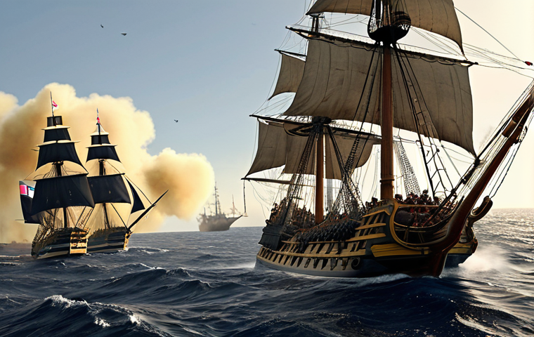 **
A majestic tall ship of the Royal Navy from the Age of Sail, battling a French vessel during the Battle of Trafalgar. Admiral Nelson stands heroically on the quarterdeck, giving orders amidst the smoke and chaos of naval combat. Detailed rendering of the ship's rigging, cannons firing, and the turbulent sea. Include the French flag distinctly on the opposing ship. Focus on the dramatic action and historical accuracy.
**