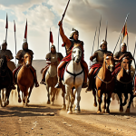 **Alexander the Great leading his Macedonian cavalry into battle at Gaugamela, a dramatic and dynamic scene capturing the tactical brilliance and power of his military strategy, blending historical accuracy with artistic flair.** (This prompt focuses on Alexander's military genius and a specific battle.)